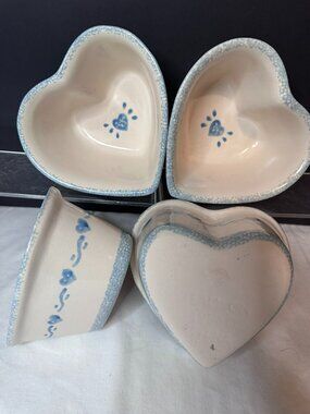 Teamson Blue Heart Stoneware Bowls Set (1990s, Heart Shaped)